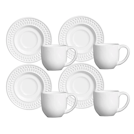 Jogo De Xicaras Chá Café Com Pires 160ml Kit 4 Peças Cerâmica Roma Branco Porto Brasil