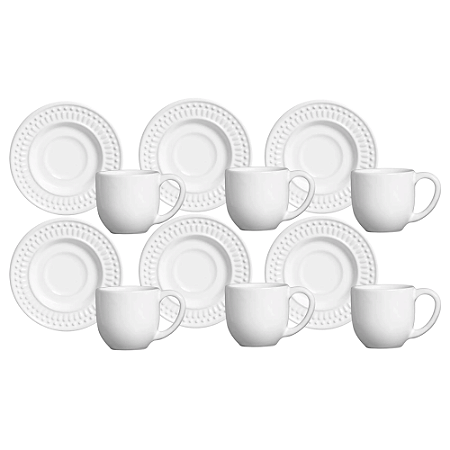 Jogo De Xicaras Chá Café Com Pires 160ml Kit 6 Peças Cerâmica Roma Branco Porto Brasil