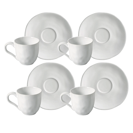 Jogo De Xicara Chá Café Com Pires 120ml Kit 4 Peças Cerâmica Orgânico New White Branco Porto Brasil