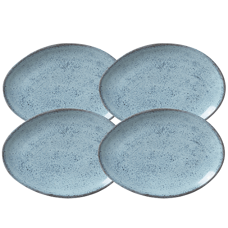 Jogo De Pratos Sobremesa 22,5cm Kit 4 Peças Oval Orgânico Breeze Azul Cerâmica Porto Brasil