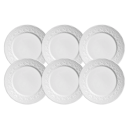 Jogo De Pratos Sobremesa 20,5cm Kit 6 Peças Madeleine Branco Cerâmica Porto Brasil
