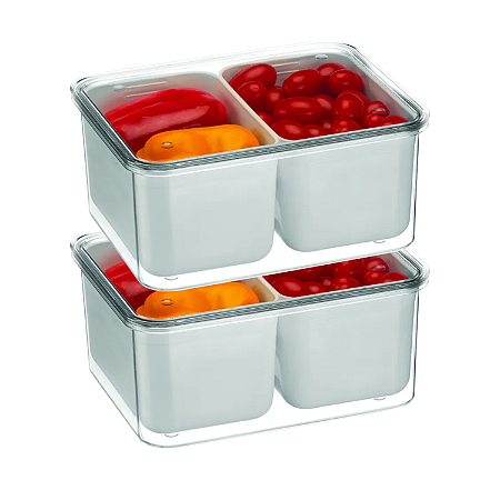 Kit 2 Organizadores De Geladeira 2,7L Tampa e Cesto Duplo Escorredor Legumes Frutas Verduras