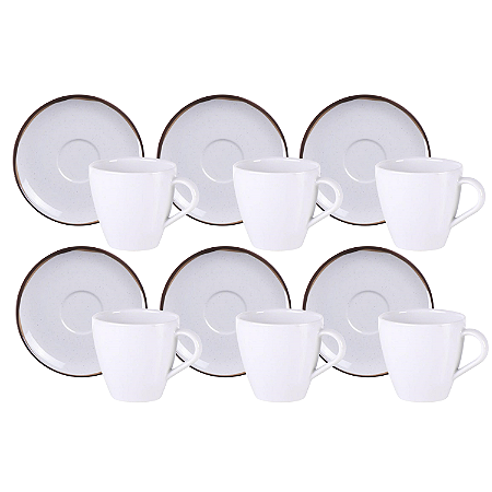 Jogo Xícaras De Chá Café Com Pires Kit 6 Peças 200ml Canyon Porcelana Bordas Decoradas Tramontina