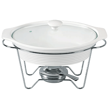 Rechaud Oval Travessa Cerâmica Com Queimador 1,5 Litros Tampa De Vidro