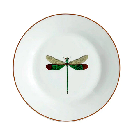 Prato De Sobremesa 19cm Libélula Porcelana Decorada Borda Marrom