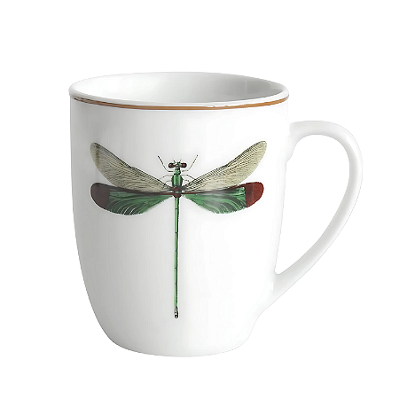 Caneca Xicara 340ml Chá Café Libélula Porcelana Decorada Brown Rim