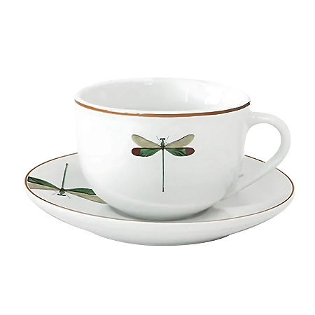 Xícara De Café Chá Com Pires 80ml Libélula Porcelana Decorada Borda Marrom Luxo