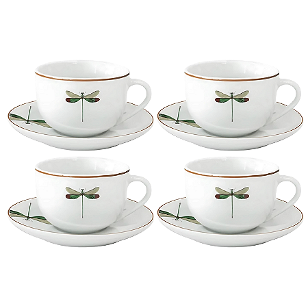 Jogo De Xícaras Chá Café Com Pires 220ml Kit 4 Peças Libélula Borda Marrom Porcelana
