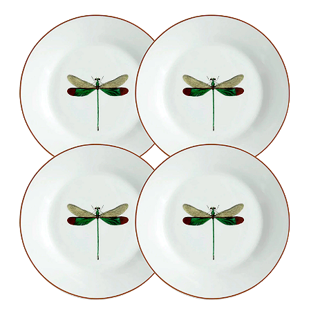 Jogo De Pratos Sobremesa 19cm Kit 4 Peças Libélula Porcelana Borda Marrom