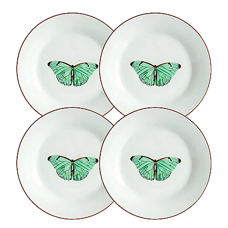 Jogo De Pratos Sobremesa 19cm Kit 4 Peças Borboleta Porcelana Borda Marrom