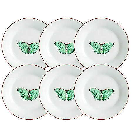 Jogo De Pratos Sobremesa 19cm Kit 8 Peças Borboleta Porcelana Borda Marrom
