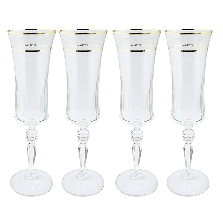 Jogo Taças Champanhe Espumante 190ml Kit 4 Peças Grace Cristal Friso Dourado Luxo