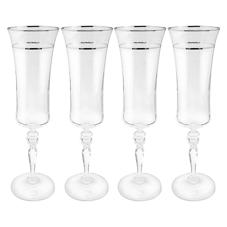 Jogo Taças Champanhe Espumante 300ml Kit 4 Peças Grace Cristal Friso Platino Luxo