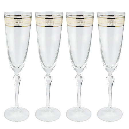 Jogo De Taças Champanhe Espumante 200ml Kit 4 Peças Cristal Friso Dourado Luxo