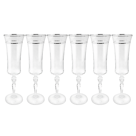 Jogo De Taças Champanhe Espumante 300ml Kit 6 Peças Grace Cristal Decorado Friso Platino Luxo