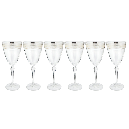 Jogo De Taças Água Suco 350ml Kit 6 Peças Grace Cristal Decorado Friso Dourado Luxo