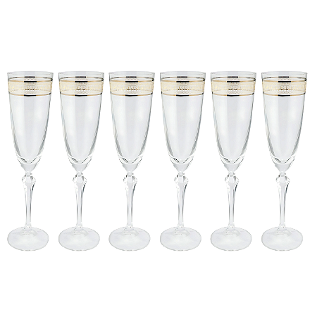 Jogo De Taças Champanhe Espumante 200ml Kit 6 Peças Grace Cristal Decorado Friso Dourado Luxo