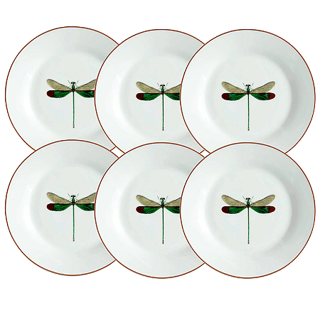 Jogo De Pratos Sobremesa 19cm Kit 6 Peças Libélula Porcelana Brown Rim Luxo