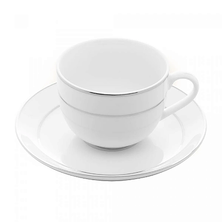 Xícara De Café Chá Com Pires 220ml Monâco Porcelana Bordas Prateadas Branco Wolff Luxo