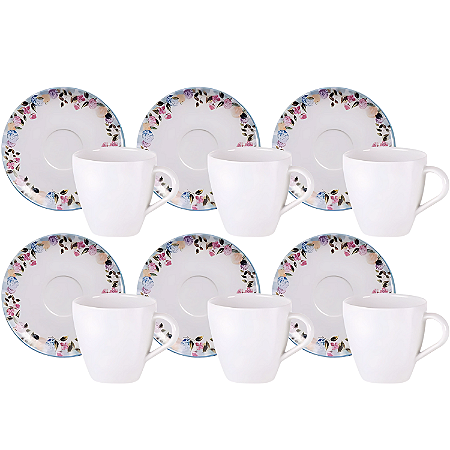 Jogo Xícaras De Chá Café Com Pires Kit 6 Peças 200ml Aura Porcelana Decorada Floral Tramontina