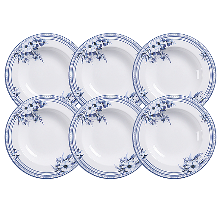 Jogo De Pratos Fundos Sopa 28cm Kit 6 Peças Azzura Porcelana Decorada Floral Tramontina