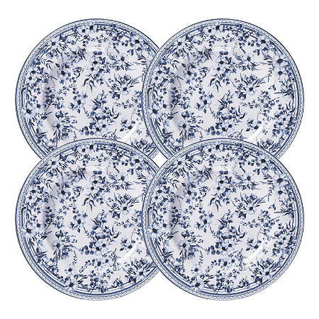 Jogo De Pratos Sobremesa 21cm Kit 4 Peças Azzura Porcelana Decorada Floral Tramontina