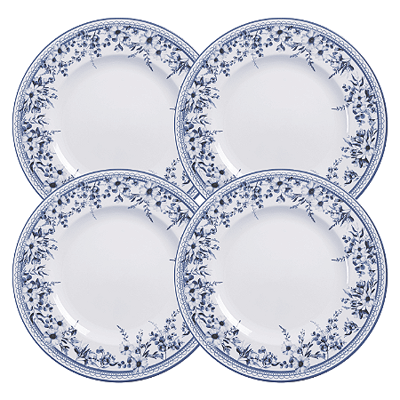 Jogo De Pratos Rasos Jantar Refeição 28cm Kit 4 Peças Azzura Porcelana Decorada Floral Tramontina