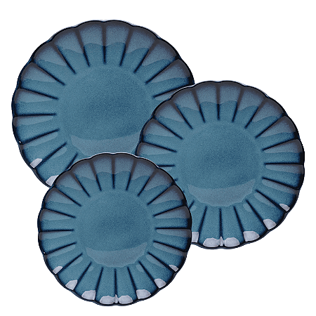 Aparelho de Jantar Jogo Pratos Kit 24 Peças Scallop Cerâmica Decorada Luxo Azul Completo Wolff