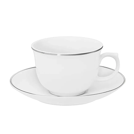 Xícara De Chá Café Com Pires 240ml Porcelana Borda Prata Isabel Prata Luxo Oxford