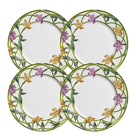 Jogo De Pratos Sobremesa 21cm Kit 4 Peças Campos Cerâmica Decorado Floral Alleanza