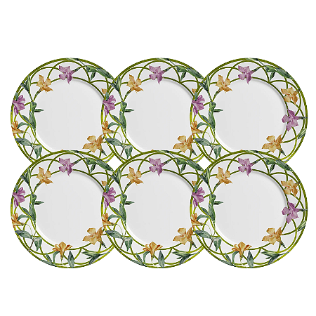 Jogo De Pratos Sobremesa 21cm Kit 6 Peças Campos Cerâmica Decorada Floral Alleanza