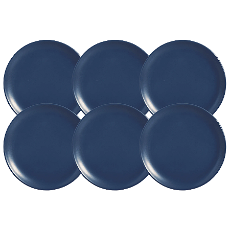 Jogo De Pratos Sobremesa 21cm Kit 6 Peças Coup Navy Cerâmica Decorada Azul Alleanza