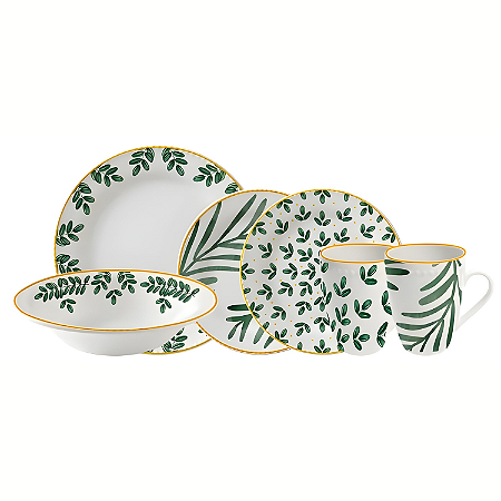 Aparelho De Jantar Jogo Pratos Kit 16 Peças Salvia Cerâmica Folhagem Completo