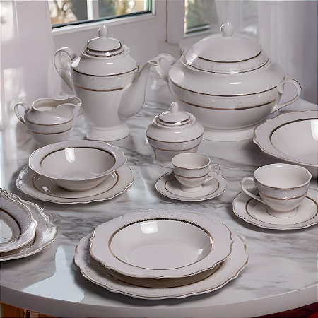 Aparelho De Jantar Jogo Pratos Chá 50 Peças Porcelana Completo Borda Dourada Trésor Luxo