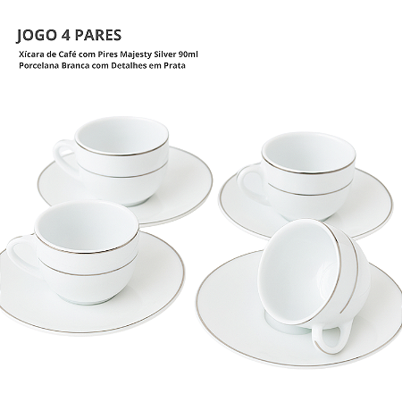 Jogo Xicaras De Café Com Pires 90ml Kit 4 Peças Borda Prata Porcelana Majesty Silver Luxo
