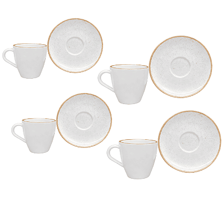 Jogo Xícaras De Chá Café Com Pires Kit 4 Peças 200ml Rustico Borda Marrom Porcelana Tramontina