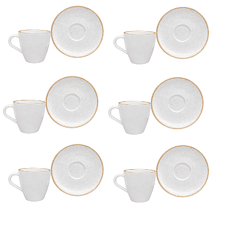 Jogo Xícaras De Chá Café Com Pires Kit 6 Peças 200ml Rustico Borda Marrom Porcelana Tramontina