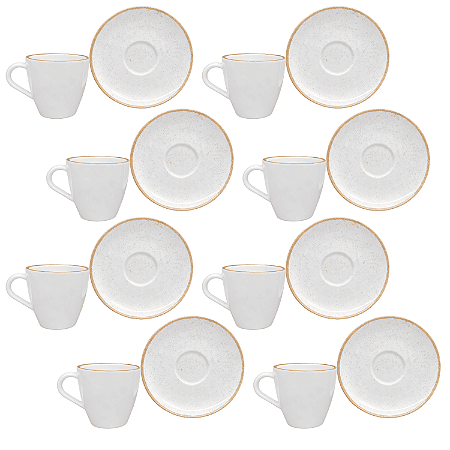 Jogo Xícaras De Chá Café Com Pires Kit 8 Peças 200ml Rustico Borda Marrom Porcelana Tramontina