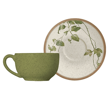 Xicara de Chá Café Com Pires 250ml Cerâmica Tropical Leaves Alleanza