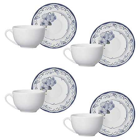 Kit 4 Xicaras De Chá  Branca c/ Pires Valencia 250ml Cerâmica Alleanza