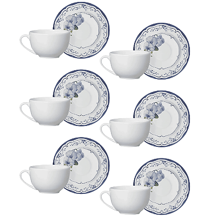 Kit 6 Xicaras De Chá  Branca c/ Pires Valencia 250ml Cerâmica Alleanza