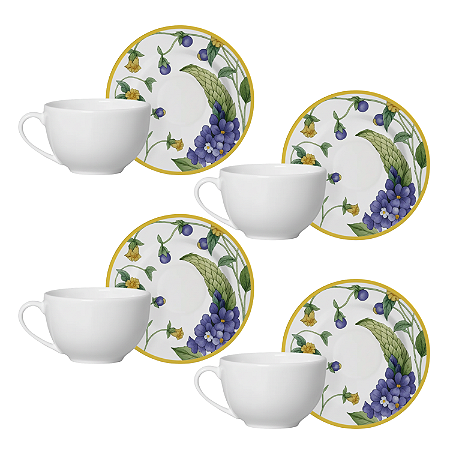 Jogo 4 Xícaras Chá Com Pires 250Ml Alleanza Silvestre Cerâmica