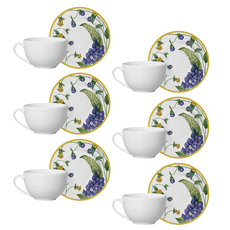 Jogo 6 Xícaras Chá Com Pires 250Ml Alleanza Silvestre Cerâmica