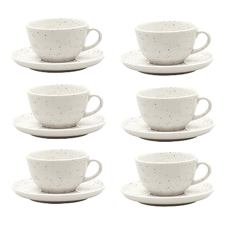 Jogo Xicaras de Chá Café Com Pires 200ml Kit 6 Peças Flat Chuvisco