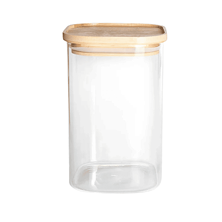 Pote Vidro Hermético  c/ Tampa De Bambu Mantimentos 1,1L Condimentos Alimentos Quadrado