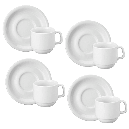 Kit 4 Xícara de Chá 200ml com Pires Porcelana Cilíndrica Schmidt