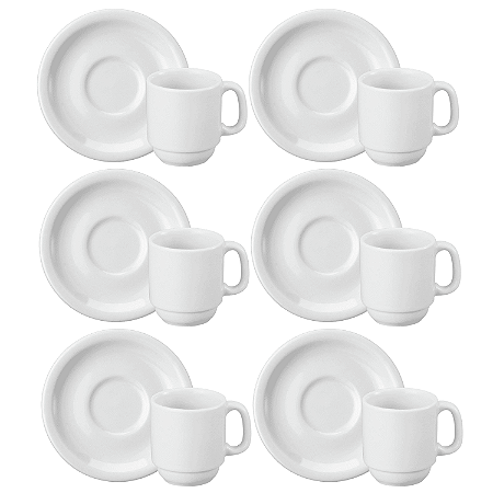 Kit 6 Xícaras de Café 70ml com Pires Cilíndrica Schmidt Porcelana