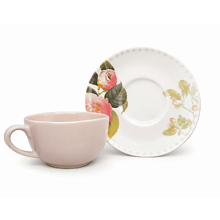 Xícara De Chá Com Pires 200ml Garden Cerâmica Decorada Floral Oxford