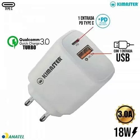 Kit Carregador Cabo USB-C/Lightning 3.0 Kimaster - T110CL