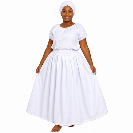 Conjunto Feminino Branco Oxford 3 Peças para Umbanda e Candomblé – Saia, Camisú e Ojá